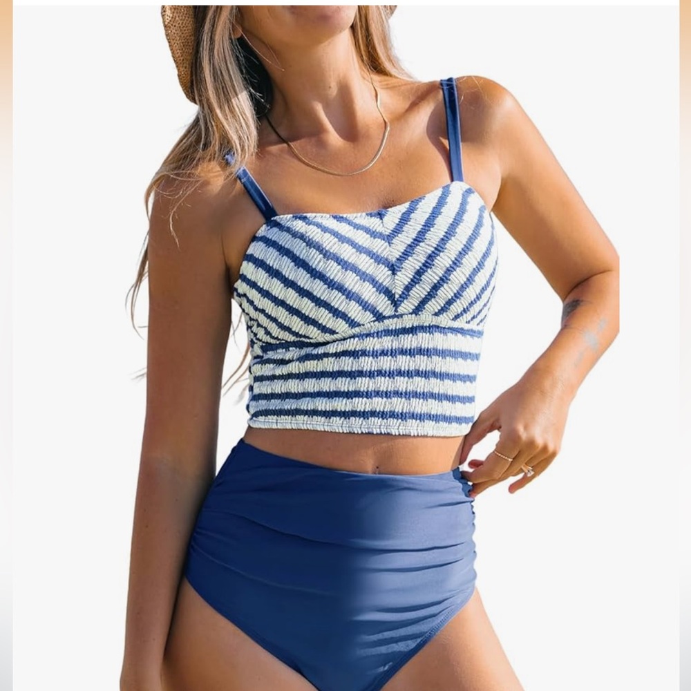 Cupshe Navy & White Tankini Swimsuit
